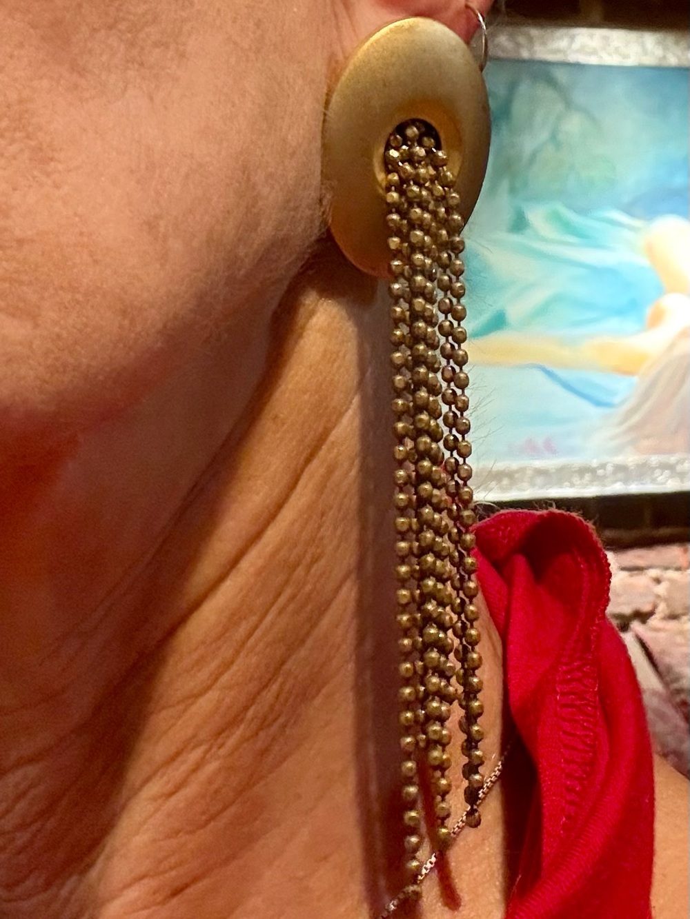 Vintage 80s Matte Gold Shield Waterfall Ball Chain Tassel Dangle Earrings